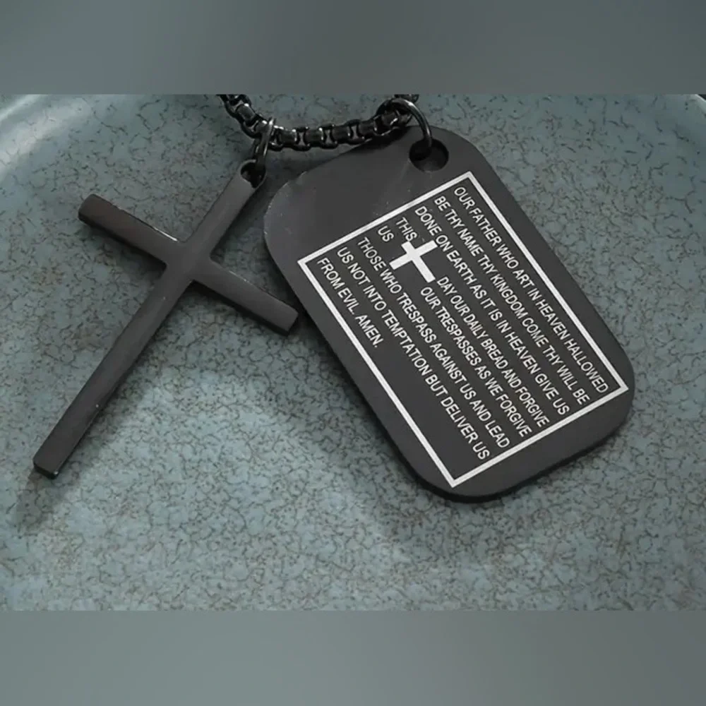 Dog Tags Style Stainless Steel Engraved Scripture Cross Pendant Necklace NWT